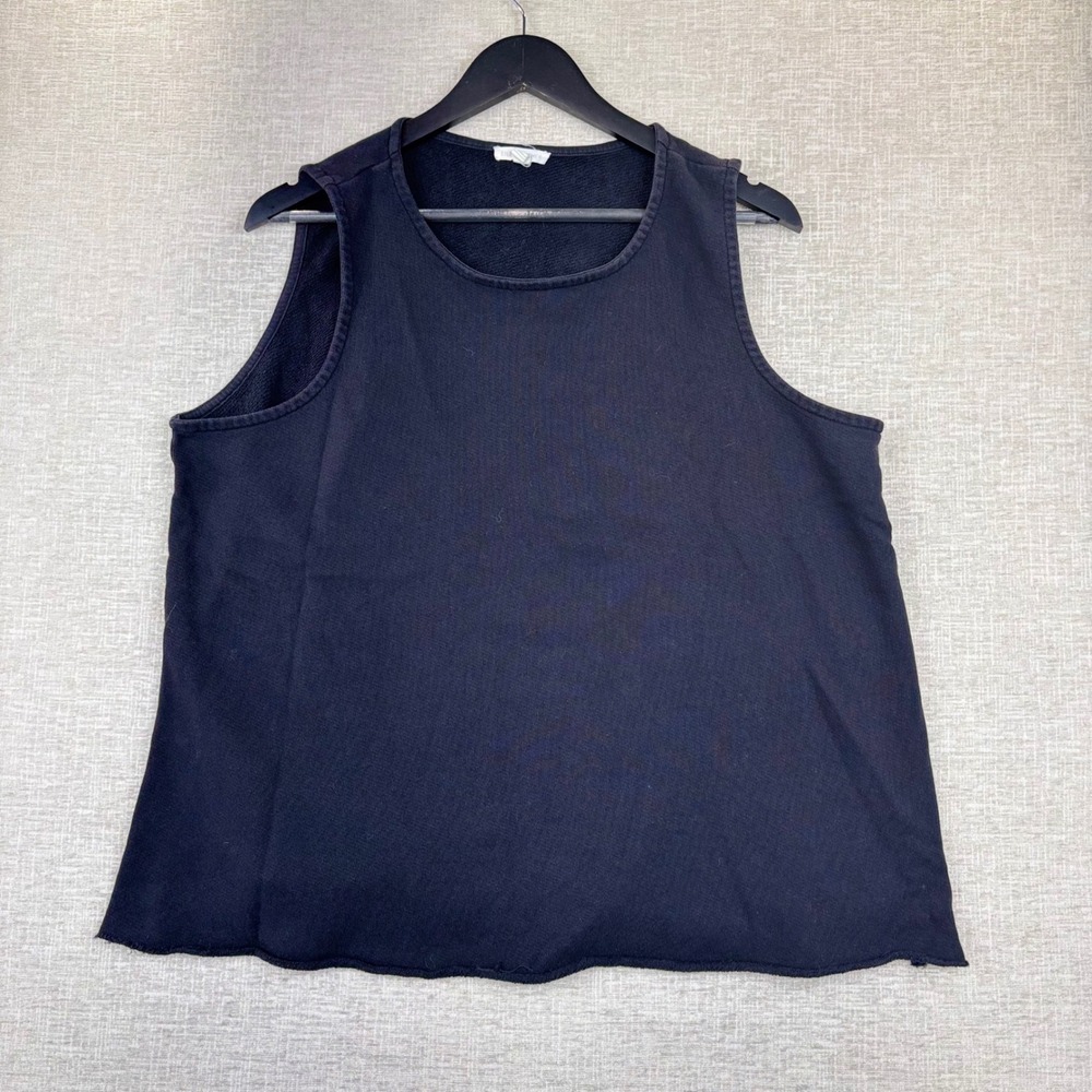Eileen Fisher Black French Terry Sleeveless Top Crew Neck Raw Hem XL CM-50